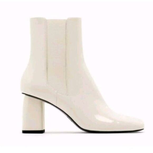 ZARA Retro Disco Ankle Boots Womens 8.5/39 White Patent Leather Zip Block Heels - Picture 1 of 12